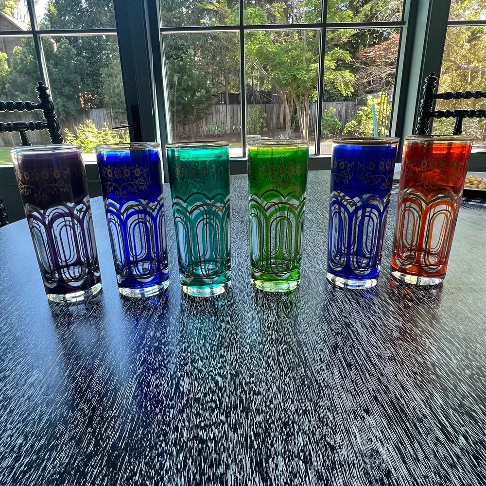 Set of 6 late 20th century glass candleholder vases with moorish Alhambra design
